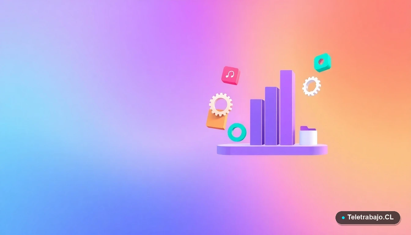 Composición abstracta de interfaz de usuario con gráficos flotantes y iconos de engranaje y carpeta, en estilo vectorial plano, sobre fondo degradado lavanda.