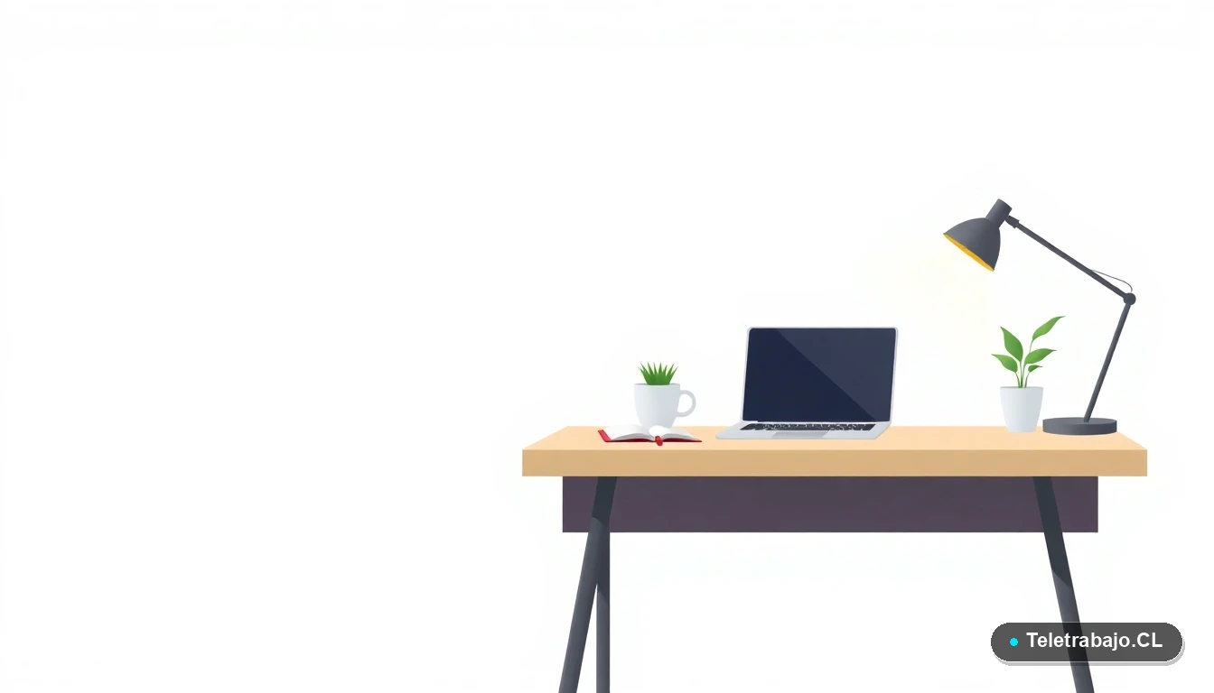 Escritorio moderno minimalista con laptop, cuaderno, taza de café y una planta suculenta, ilustración plana sobre fondo degradado de menta y blanco.