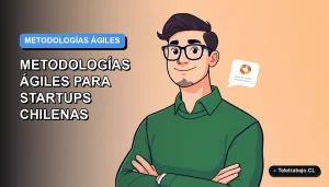 Ilustración plana vectorial de un trabajador remoto masculino de una startup chilena, con suéter verde, junto a un gráfico abstracto, sobre un fondo degradado azul y gris.