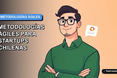 Ilustración plana vectorial de un trabajador remoto masculino de una startup chilena, con suéter verde, junto a un gráfico abstracto, sobre un fondo degradado azul y gris.