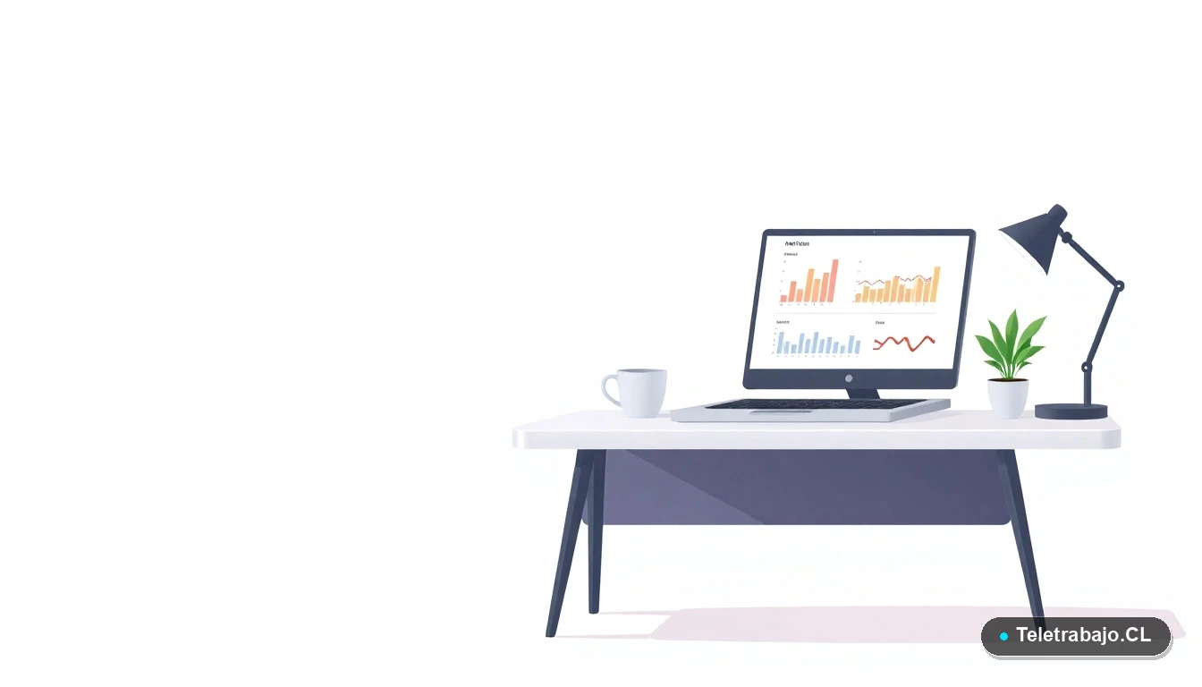 Escritorio moderno minimalista para trabajo remoto, con laptop, gráficos abstractos en pantalla, taza de café y una planta, sobre fondo degradado verde menta.