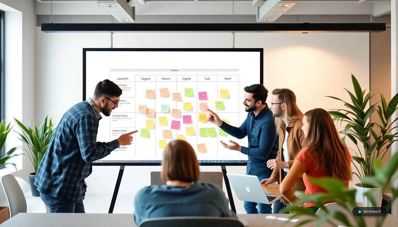 Equipo remoto de startup colaborando en un tablero Kanban digital para gestión ágil de proyectos