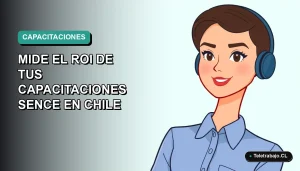 Ilustración plana corporativa de una mujer profesional de teletrabajo con blusa azul, sobre fondo degradado suave. Representa la medición del ROI en capacitaciones SENCE en Chile.