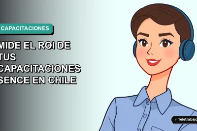 Ilustración plana corporativa de una mujer profesional de teletrabajo con blusa azul, sobre fondo degradado suave. Representa la medición del ROI en capacitaciones SENCE en Chile.