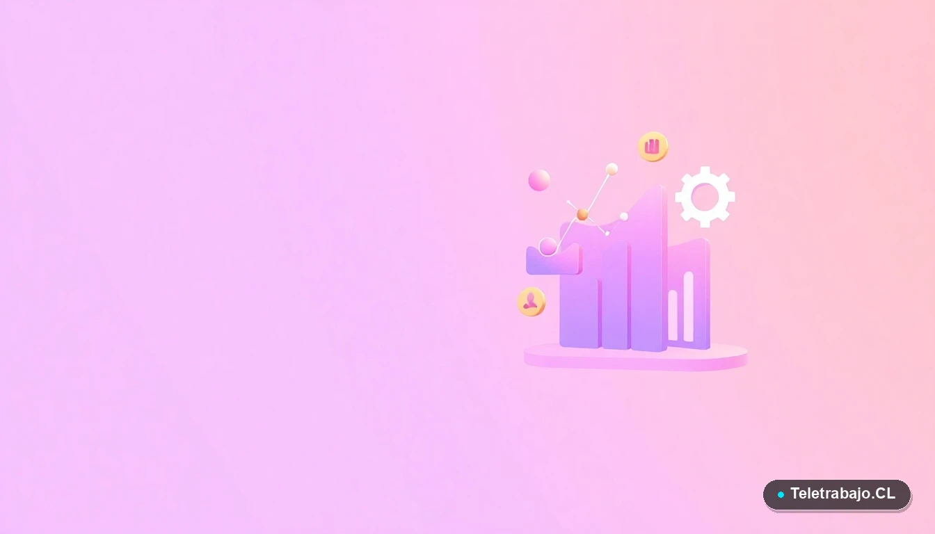 Composición abstracta de interfaz de usuario con gráficos flotantes y engranajes estilizados sobre fondo degradado lila, representando el análisis de datos y métricas de ROI.