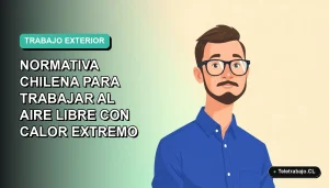 Ilustración plana corporativa de un trabajador masculino con camisa azul y anteojos, sobre un fondo degradado suave de color menta, representando la guía de normativa chilena para trabajar al aire libre con calor extremo.