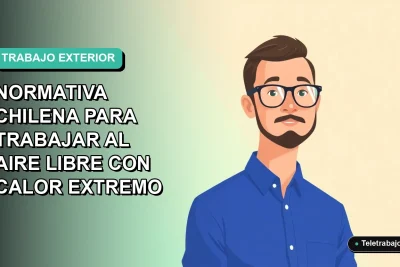 Ilustración plana corporativa de un trabajador masculino con camisa azul y anteojos, sobre un fondo degradado suave de color menta, representando la guía de normativa chilena para trabajar al aire libre con calor extremo.