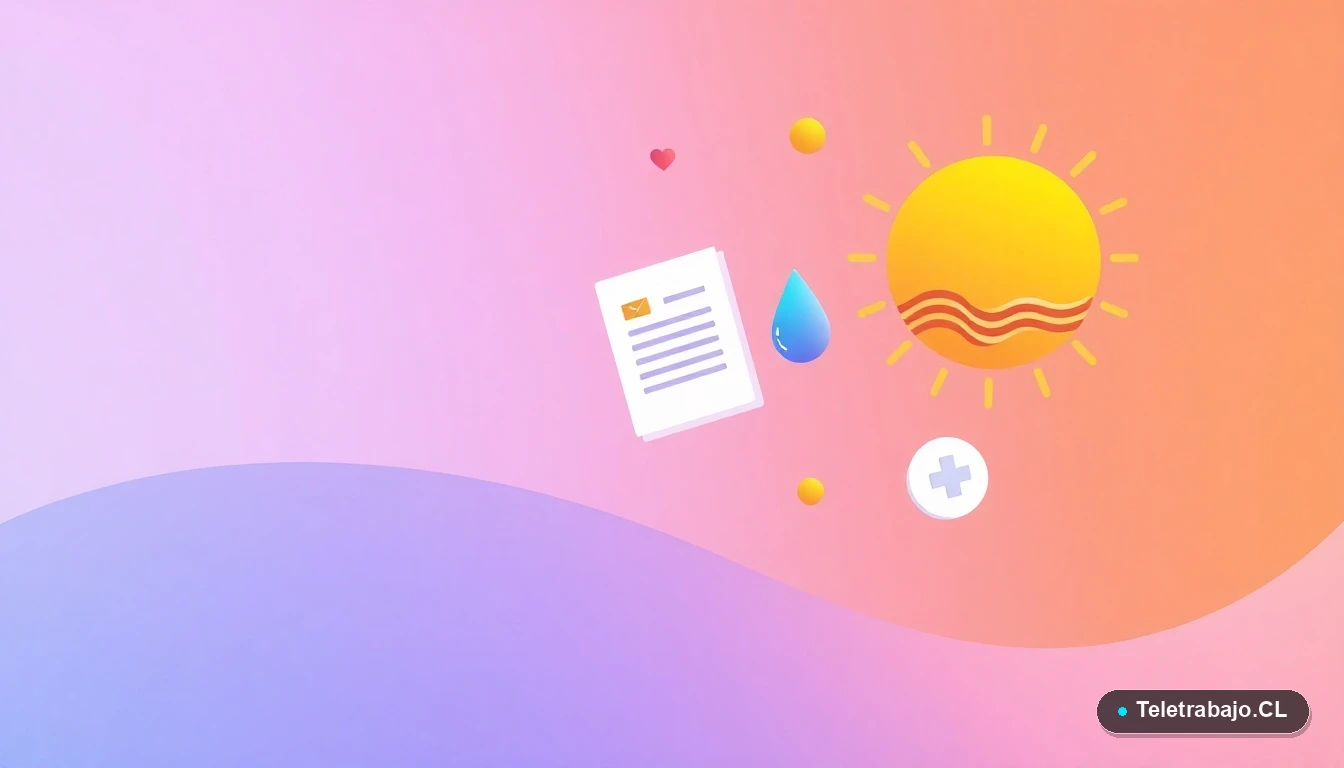 Composición abstracta de interfaz de usuario con iconos planos de sol, documento, gota de agua y cruz médica, sobre fondo degradado lavanda, simbolizando protocolos de hidratación, sombra y primeros auxilios para el trabajo en calor extremo.