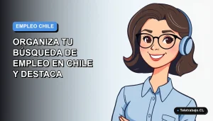 Ilustración plana de mujer profesional chilena con blusa azul, sonriendo, sobre fondo degradado azul y blanco, concepto de búsqueda de trabajo.
