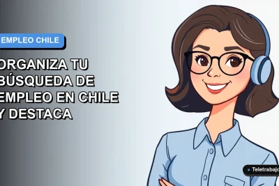 Ilustración plana de mujer profesional chilena con blusa azul, sonriendo, sobre fondo degradado azul y blanco, concepto de búsqueda de trabajo.