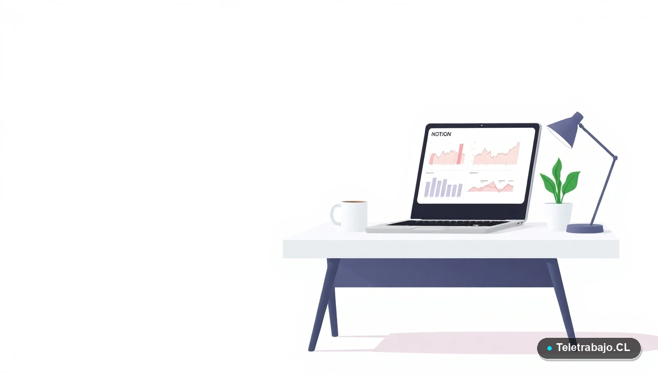 Escritorio moderno minimalista con laptop, gráficos en pantalla, taza de café y planta suculenta, sobre fondo degradado verde menta, concepto de organización y productividad.