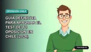 Ilustración vectorial plana de un trabajador remoto masculino con suéter verde, sonriendo, sobre un fondo degradado azul verdoso. Concepto de estudio y preparación para pruebas de oposición en Chile.