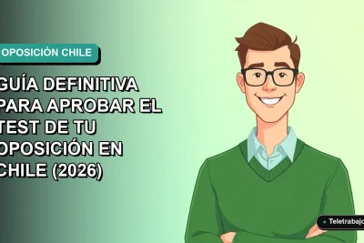 Ilustración vectorial plana de un trabajador remoto masculino con suéter verde, sonriendo, sobre un fondo degradado azul verdoso. Concepto de estudio y preparación para pruebas de oposición en Chile.