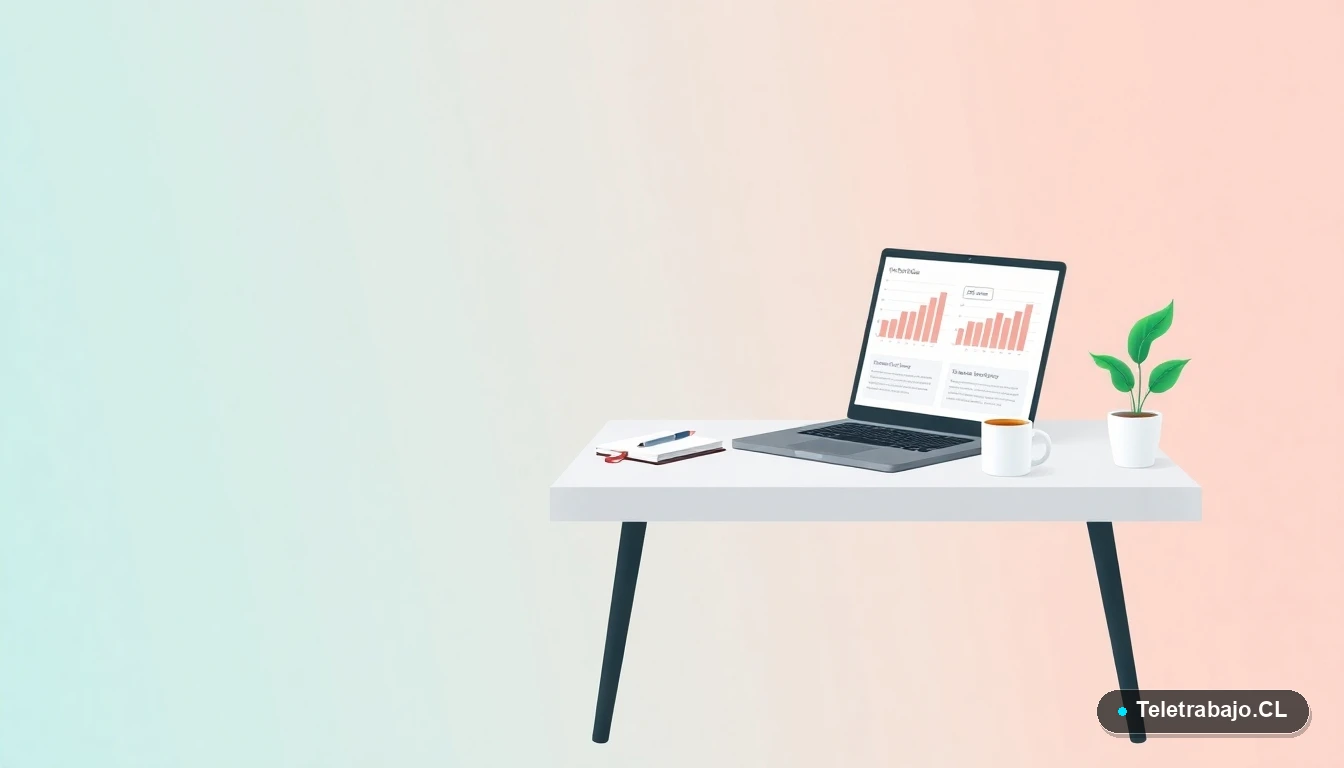 Escritorio moderno minimalista con laptop, cuaderno, taza de café y planta suculenta, sobre fondo degradado azul grisáceo. Representa el espacio de estudio organizado para preparar una oposición.