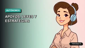 Ilustración plana vectorial de una trabajadora autónoma chilena sonriente, con fondo degradado azul verdoso, estilo corporativo moderno.