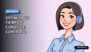 Ilustración plana de mujer profesional joven sonriente, con blusa azul y corte de pelo bob, sobre fondo degradado azul y lila. Representa a una becaria optimizando su tiempo de trabajo remoto.