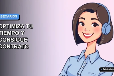 Ilustración plana de mujer profesional joven sonriente, con blusa azul y corte de pelo bob, sobre fondo degradado azul y lila. Representa a una becaria optimizando su tiempo de trabajo remoto.