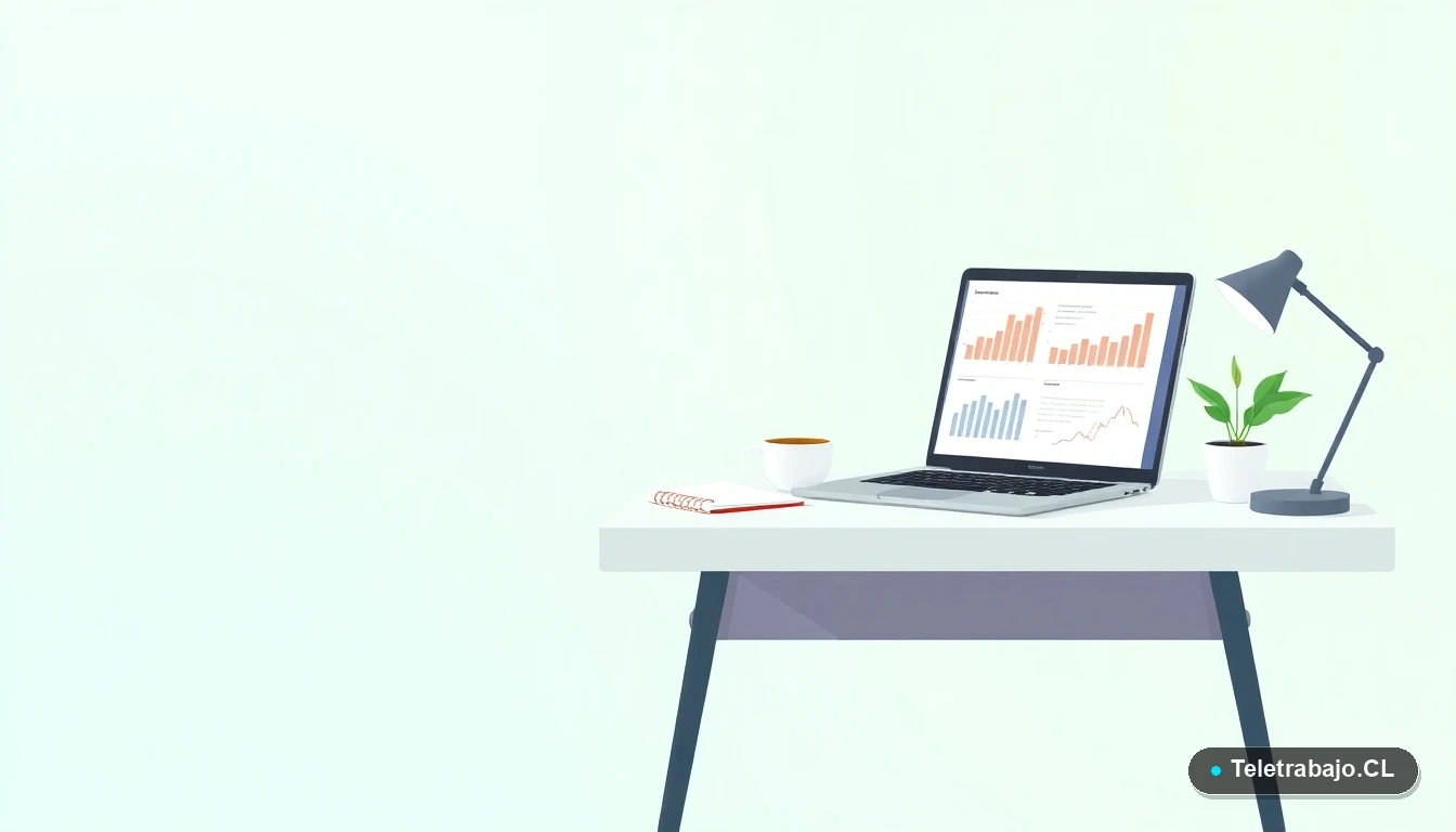 Escritorio moderno minimalista para trabajo remoto con laptop, taza de café, cuaderno y planta suculenta, sobre fondo degradado verde menta. Concepto de productividad y espacio de trabajo optimizado.