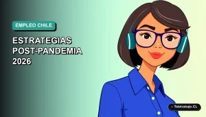 Ilustración vectorial plana de una mujer profesional chilena con blusa azul y lentes, sobre fondo degradado verde azulado, representando la búsqueda de empleo moderno.