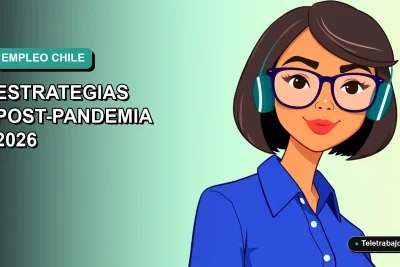 Ilustración vectorial plana de una mujer profesional chilena con blusa azul y lentes, sobre fondo degradado verde azulado, representando la búsqueda de empleo moderno.