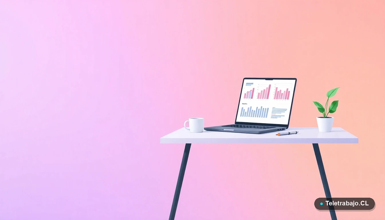 Escritorio moderno minimalista con laptop, gráficos abstractos, taza de café y planta, sobre fondo degradado lila y durazno, concepto de espacio de trabajo remoto.