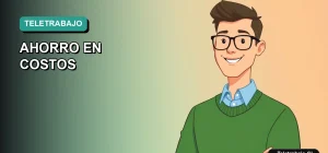 Ilustración vectorial plana de estilo Corporate Memphis que representa una guía de ahorro en costos por teletrabajo en Chile, con un fondo de gradiente suave y un trabajador remoto masculino.