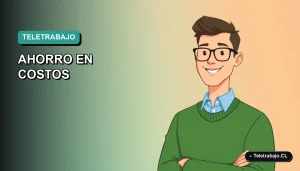 Ilustración vectorial plana de estilo Corporate Memphis que representa una guía de ahorro en costos por teletrabajo en Chile, con un fondo de gradiente suave y un trabajador remoto masculino.