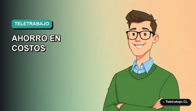 Ilustración vectorial plana de estilo Corporate Memphis que representa una guía de ahorro en costos por teletrabajo en Chile, con un fondo de gradiente suave y un trabajador remoto masculino.