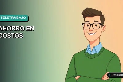 Ilustración vectorial plana de estilo Corporate Memphis que representa una guía de ahorro en costos por teletrabajo en Chile, con un fondo de gradiente suave y un trabajador remoto masculino.