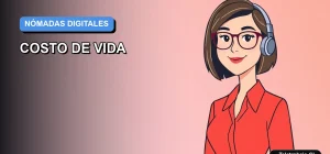 Ilustración vectorial plana de estilo premium que representa a una trabajadora remota femenina, con fondo degradado azul, para artículo sobre el costo de vida del nómada digital en Chile.