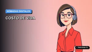 Ilustración vectorial plana de estilo premium que representa a una trabajadora remota femenina, con fondo degradado azul, para artículo sobre el costo de vida del nómada digital en Chile.