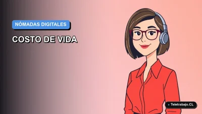 Ilustración vectorial plana de estilo premium que representa a una trabajadora remota femenina, con fondo degradado azul, para artículo sobre el costo de vida del nómada digital en Chile.