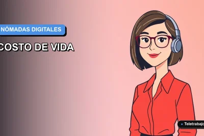 Ilustración vectorial plana de estilo premium que representa a una trabajadora remota femenina, con fondo degradado azul, para artículo sobre el costo de vida del nómada digital en Chile.