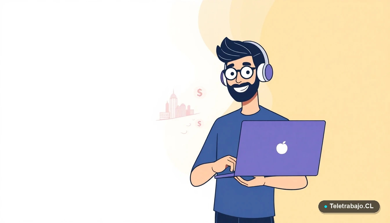 Ilustración plana de un nómada digital calculando costos de vida en Chile con un mapa y símbolos de peso.