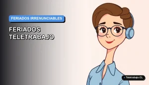Ilustración plana vectorial corporativa de una mujer trabajando remotamente, con fondo degradado azul y naranja, para guía sobre cálculo de feriados irrenunciables en teletrabajo.