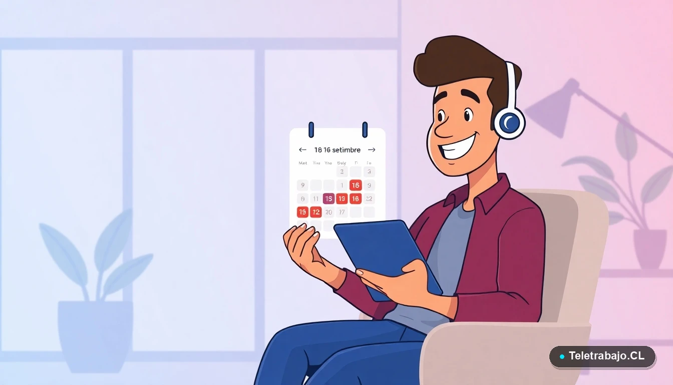 Profesional en teletrabajo consultando calendario digital con feriados irrenunciables destacados.