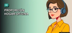 Ilustración vectorial plana de estilo Corporate Memphis de una mujer profesional trabajando desde casa, con fondo degradado azul verdoso. Representa la guía para calcular la proporción de gastos del hogar y la oficina para el SII.