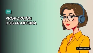 Ilustración vectorial plana de estilo Corporate Memphis de una mujer profesional trabajando desde casa, con fondo degradado azul verdoso. Representa la guía para calcular la proporción de gastos del hogar y la oficina para el SII.