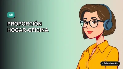 Ilustración vectorial plana de estilo Corporate Memphis de una mujer profesional trabajando desde casa, con fondo degradado azul verdoso. Representa la guía para calcular la proporción de gastos del hogar y la oficina para el SII.