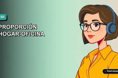 Ilustración vectorial plana de estilo Corporate Memphis de una mujer profesional trabajando desde casa, con fondo degradado azul verdoso. Representa la guía para calcular la proporción de gastos del hogar y la oficina para el SII.