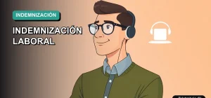 Ilustración vectorial plana de un trabajador masculino calculando su indemnización laboral en Chile en una computadora portátil, con fondo degradado moderno.