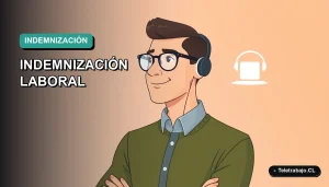 Ilustración vectorial plana de un trabajador masculino calculando su indemnización laboral en Chile en una computadora portátil, con fondo degradado moderno.