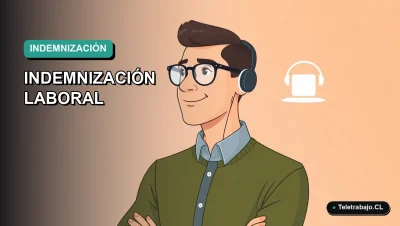 Ilustración vectorial plana de un trabajador masculino calculando su indemnización laboral en Chile en una computadora portátil, con fondo degradado moderno.
