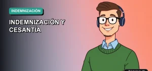 Ilustración vectorial plana de estilo premium de un trabajador masculino de tecnología calculando su finiquito. Fondo con gradiente suave de color teal.