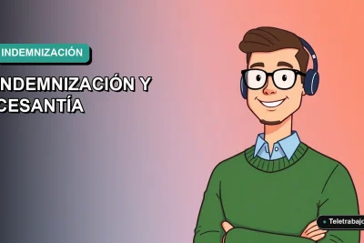 Ilustración vectorial plana de estilo premium de un trabajador masculino de tecnología calculando su finiquito. Fondo con gradiente suave de color teal.