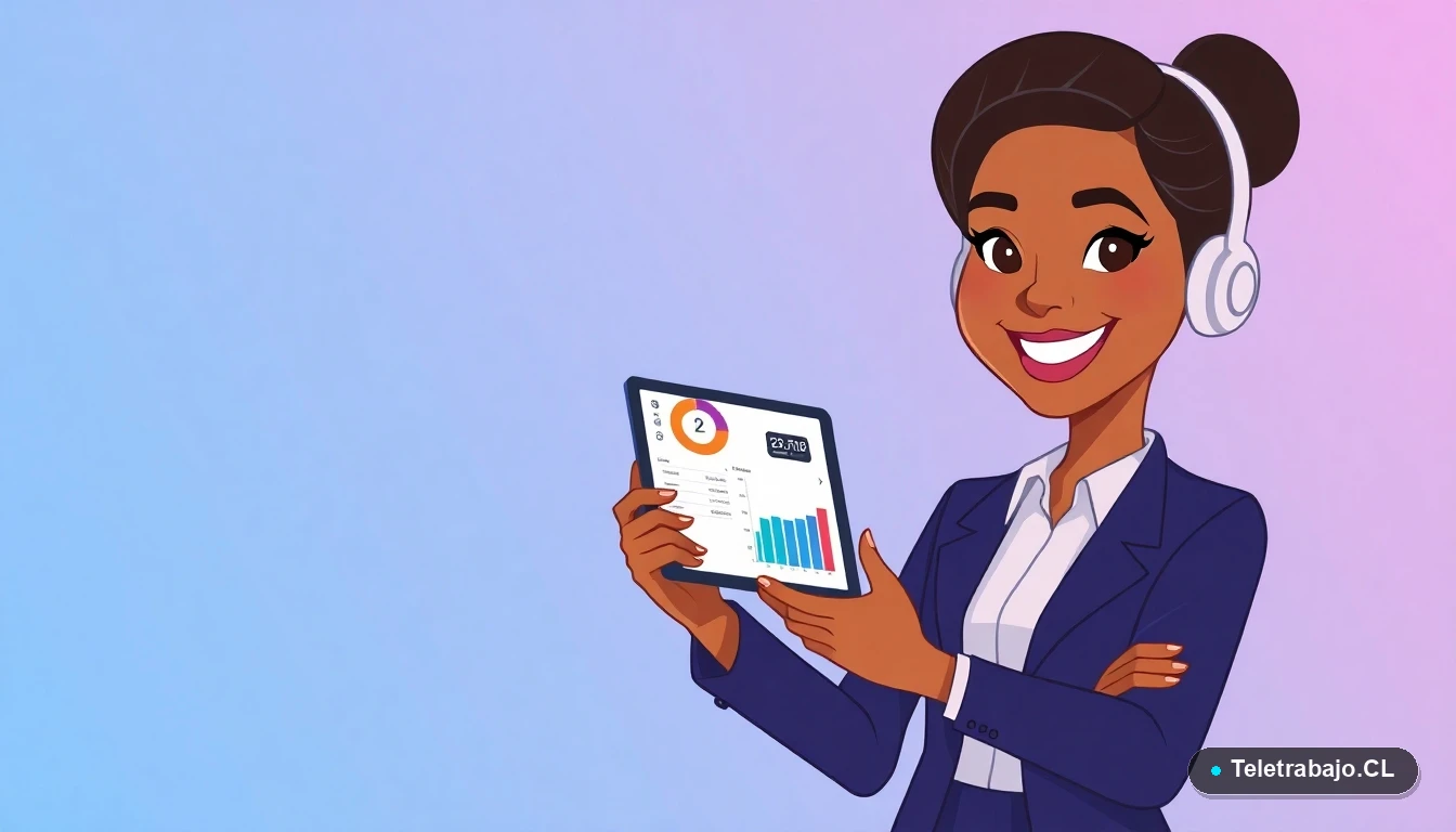 Mujer profesional calculando vacaciones proporcionales en una tablet, estilo ilustración plana.