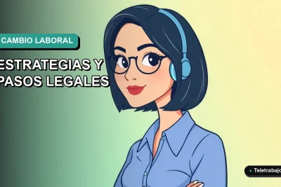 Ilustración plana corporativa de una mujer profesional con blusa azul y corte de bob, sobre fondo degradado verde azulado, representando la guía para cambiar de trabajo.