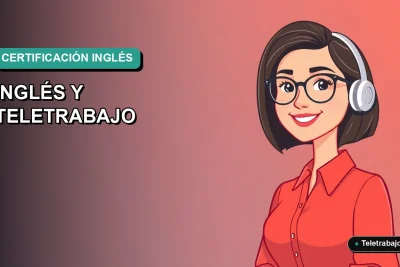 Ilustración plana corporativa de una mujer profesional de teletrabajo en Chile, con certificado de inglés en fondo degradado verde azulado.