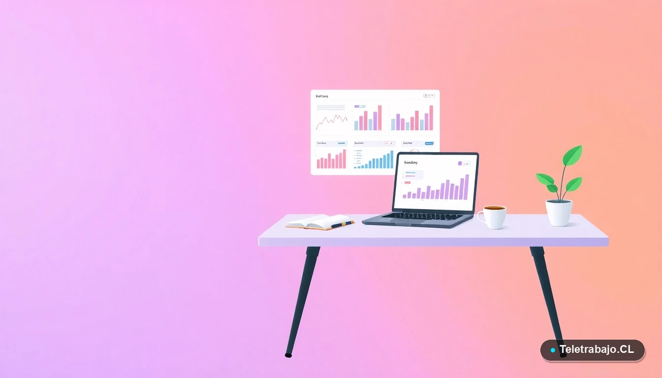 Escritorio moderno minimalista con laptop, gráficos, café y una planta, concepto de gestión y trámites digitales.