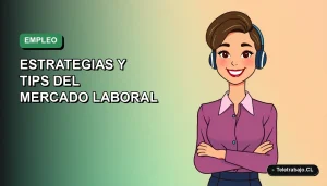 Ilustración vectorial plana de una mujer profesional chilena sonriendo, con fondo degradado verde y azul, representando el mercado laboral.